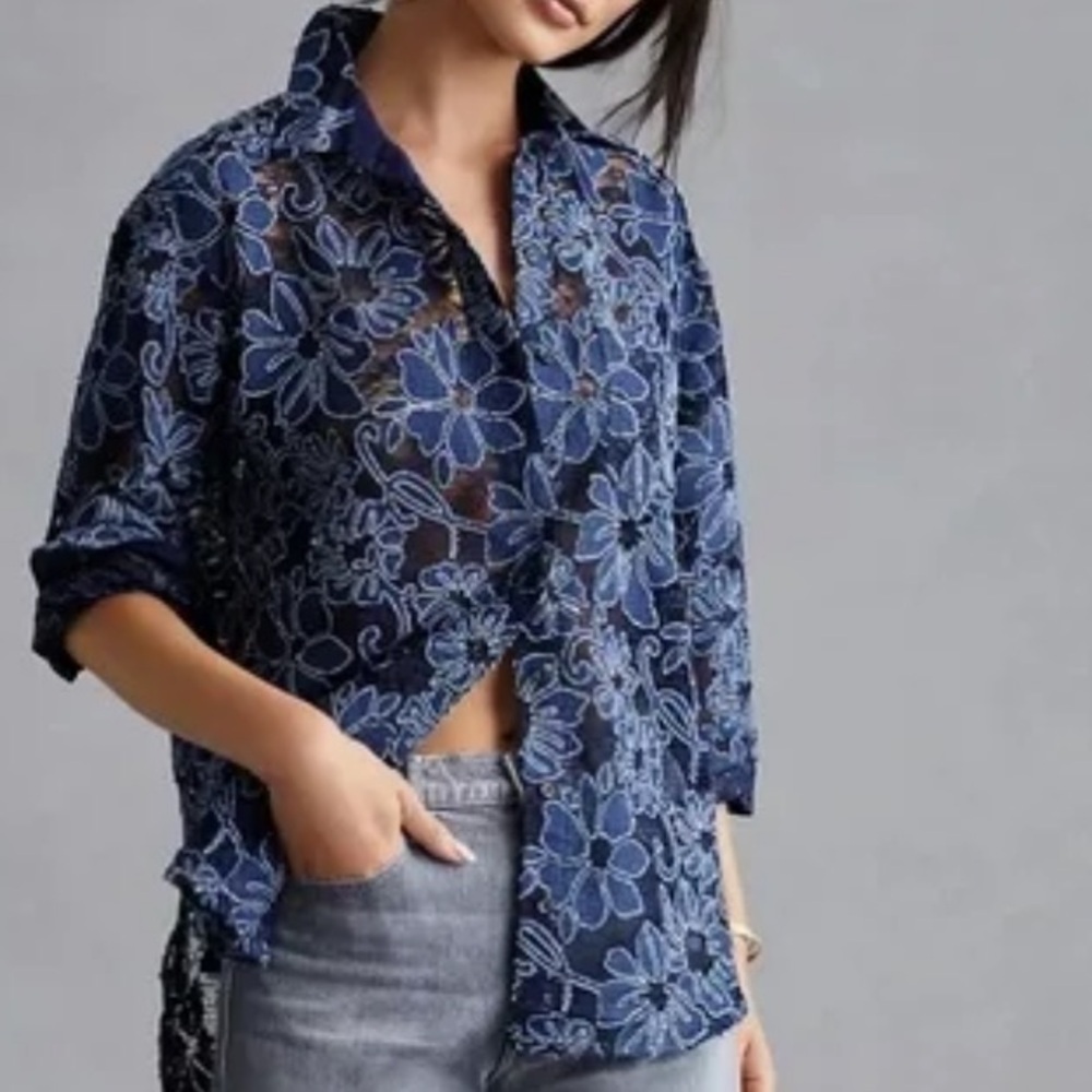 Anthropologie Pilcro Navy Lace Denim Floral Oversized Shirt Blouse M